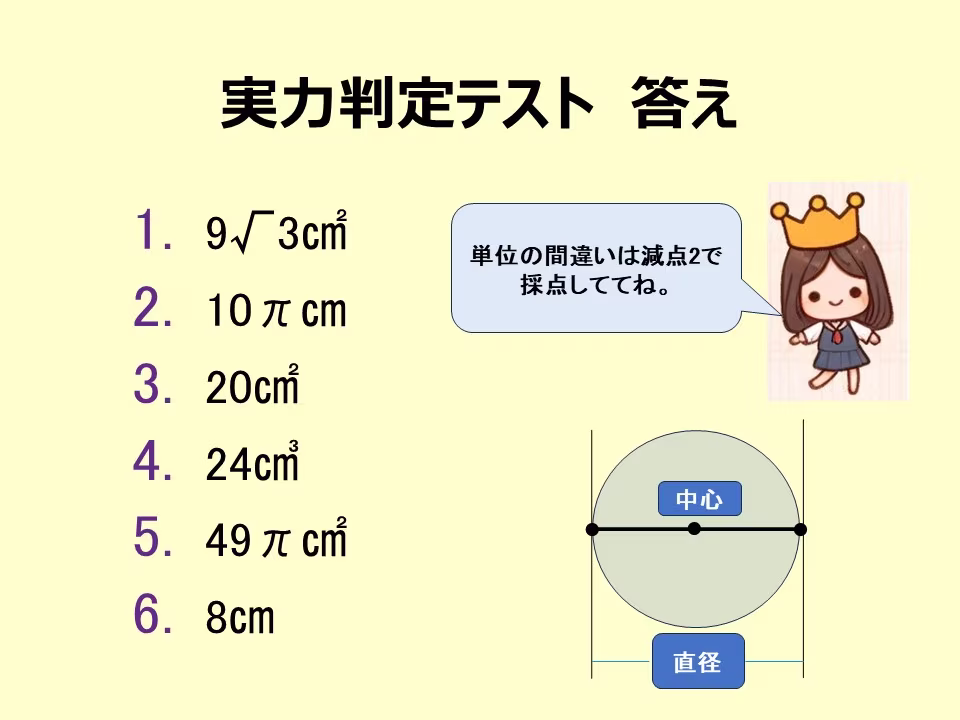 実力判定テストの答え。単位の間違いは２点減点して採点しましょう。