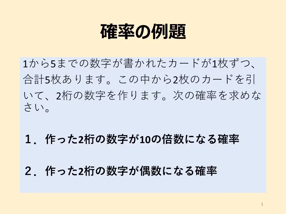 確率の例題。1から5までの数字が書かれたカードが1枚ずつ合計5枚です。このカード2枚から数字を作ります。