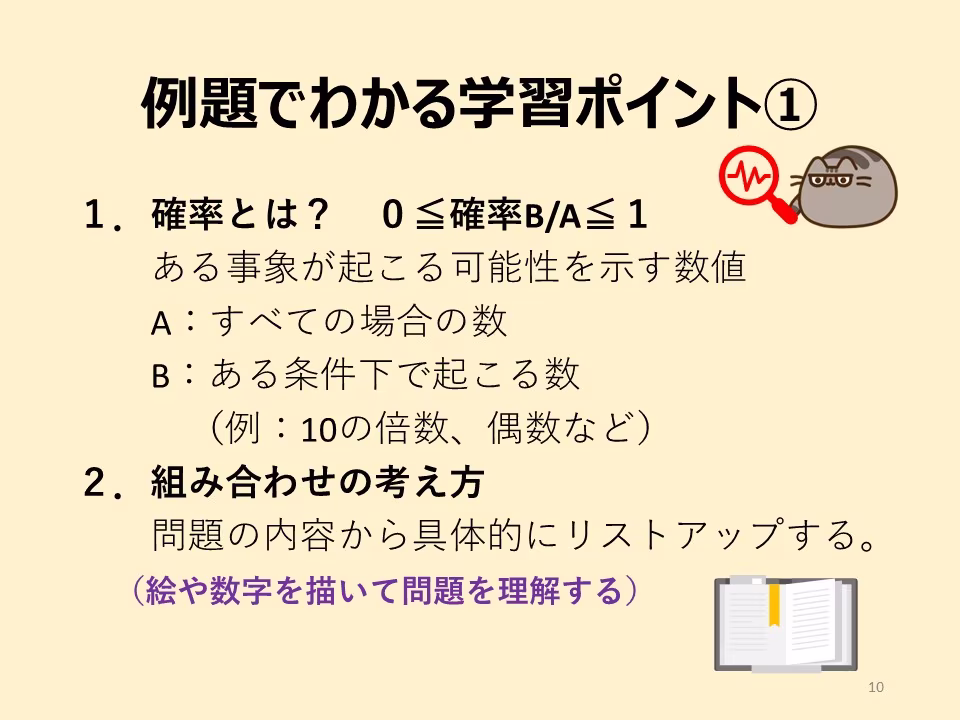 例題でわかる学習ポイントのまとめです。①確率とはなにか。②組み合わせの考え方(具体的にあげましょう)。