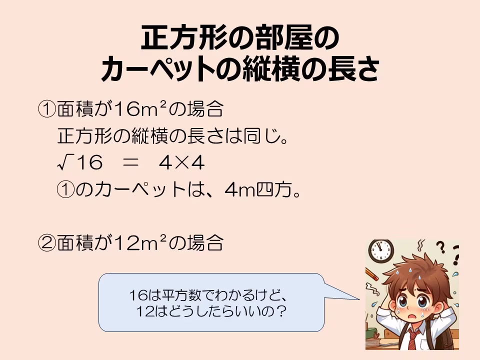 面積が１６ｍ²の正方形部屋の問題。正方形の縦横の長さは同じです。ですから縦横の長さは√16m（＝4ｍ）です。