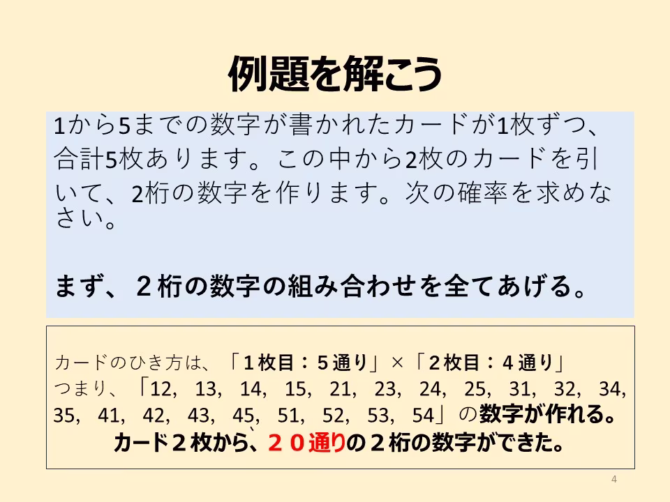 5枚のカードから2枚をとる。これでできる2桁の数字の組み合わせを全て具体的にあげましょう。