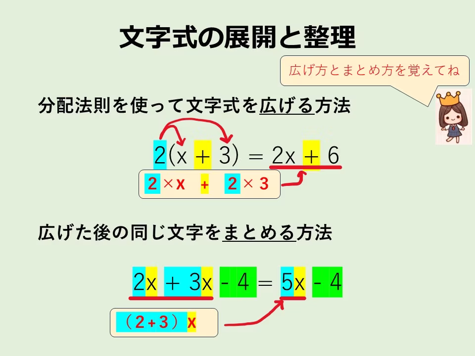 文字と数字の式を広げるルールを「分配法則」といいます。広げたら同じ文字を目印にして整理します。