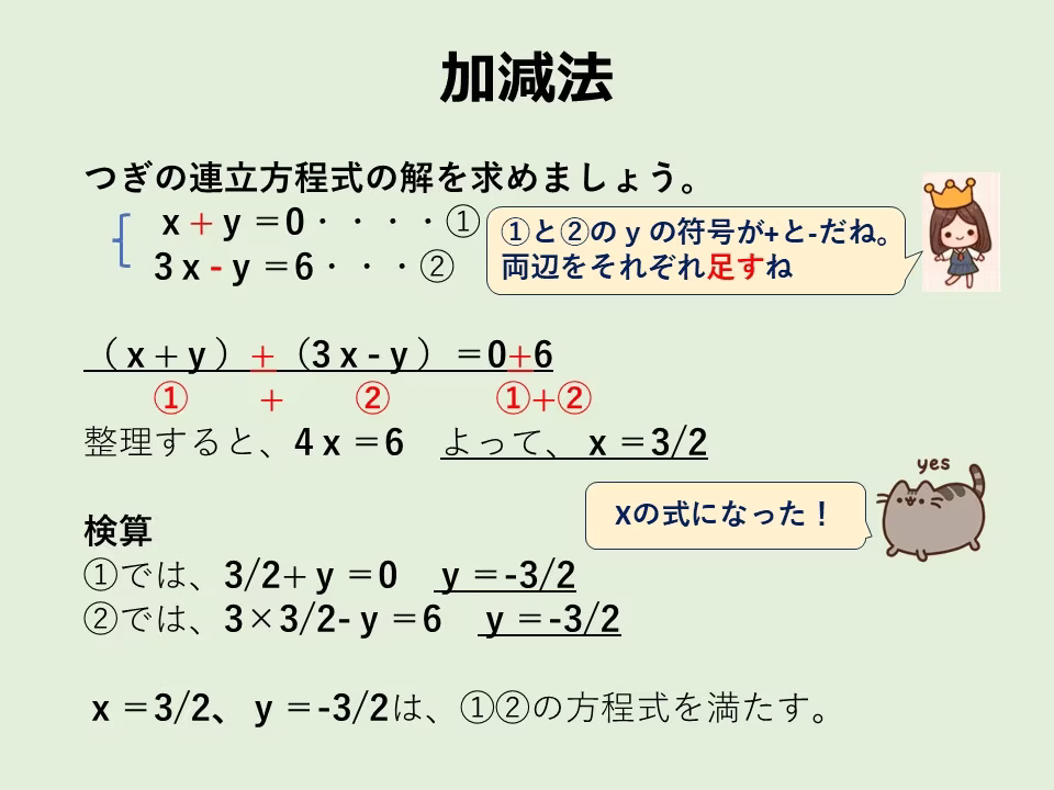 もう1つの文字を減らす計算。式の両辺を「足す」あるいは「引く」ことで文字が減ります。
