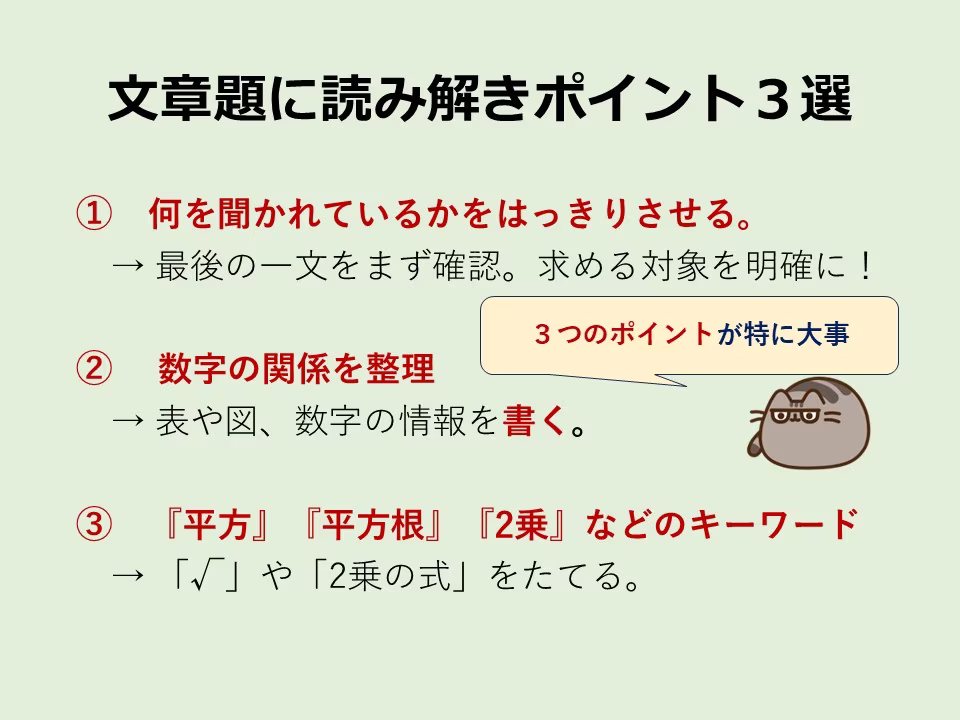 文章題には「読み方」「解き方」のポイントが3つあります。「ポイント読み」を意識しましょう。