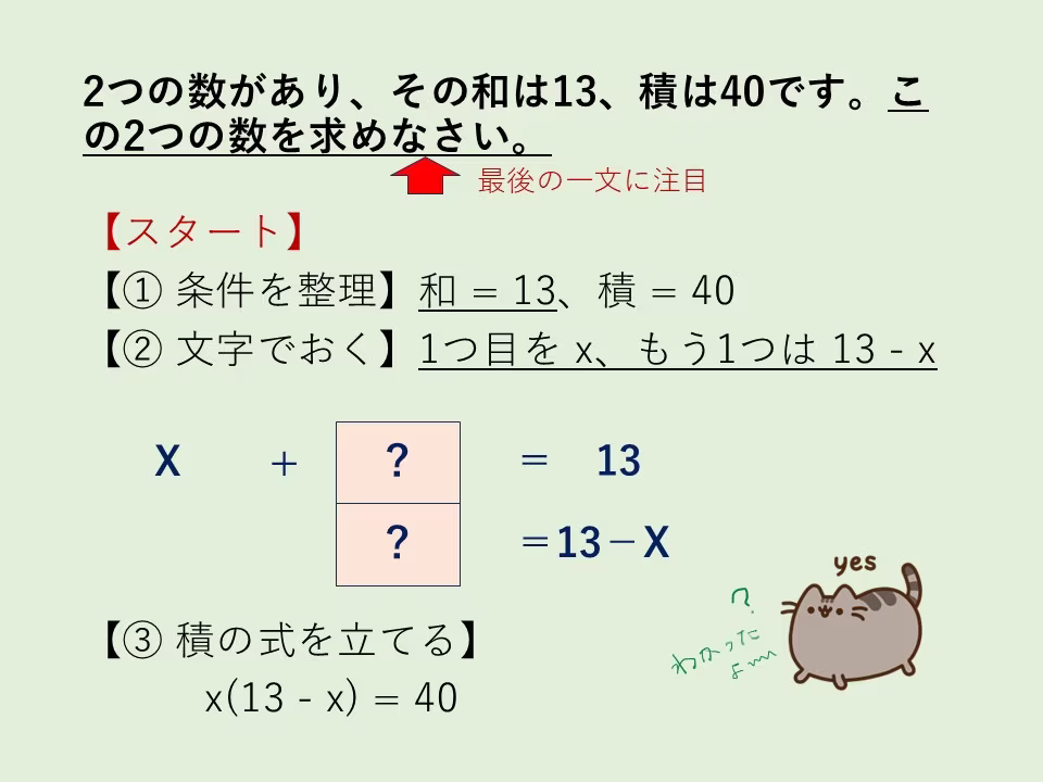 頻出テーマ3「2つの数の関係」。最後の一文に注目。フローの前半部分を説明しています。このフローの続きはわかりますね。