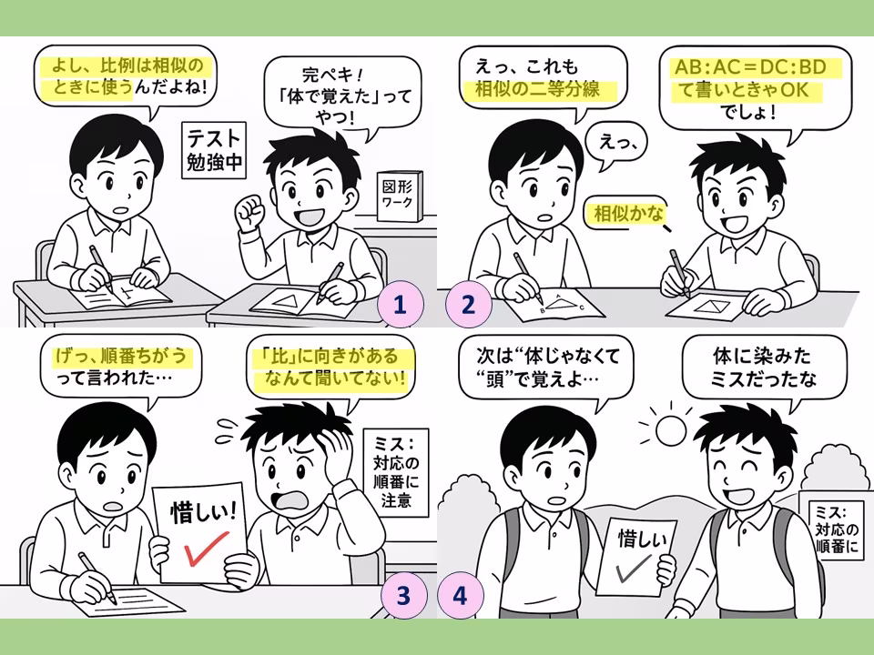 比を使う場面があると、無条件に「相似比」と思い込んだり、順番を逆にしたりする中学生の会話の４コマ漫画。